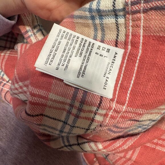 American Eagle Hooded Flannel Shirt Mens Size L pink plaid super soft grunge - Picture 4 of 8
